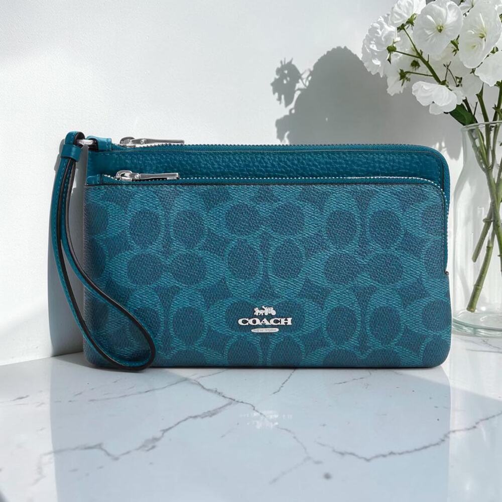 Coach NWT Double Zip Wallet Signature Canvas CX161 Silver Aquamarine Teal Blue